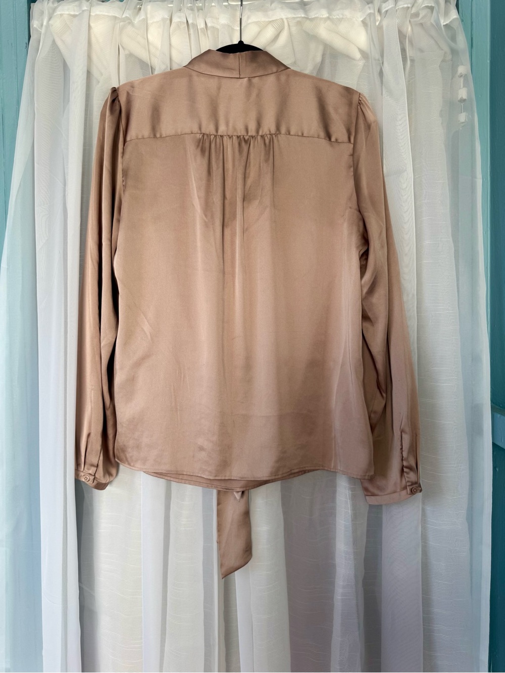 LOFT Mauve-Taupe Tie-Neck Blouse - Picture 2 of 7